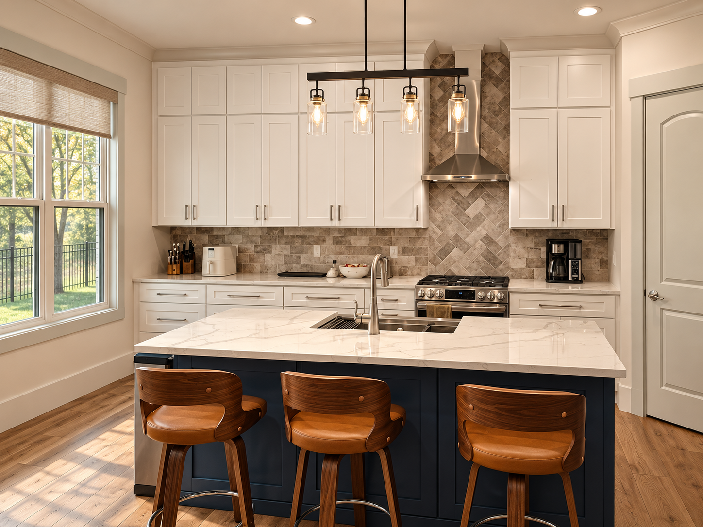 Finished white kitchen by Atlas Construction with a dark island, stone surfaces, and linear pendant lighting