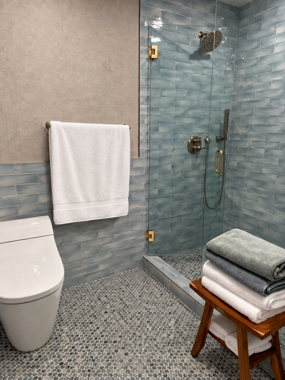 Hand-glazed blue tile shower with frameless glass and warm metal fixtures