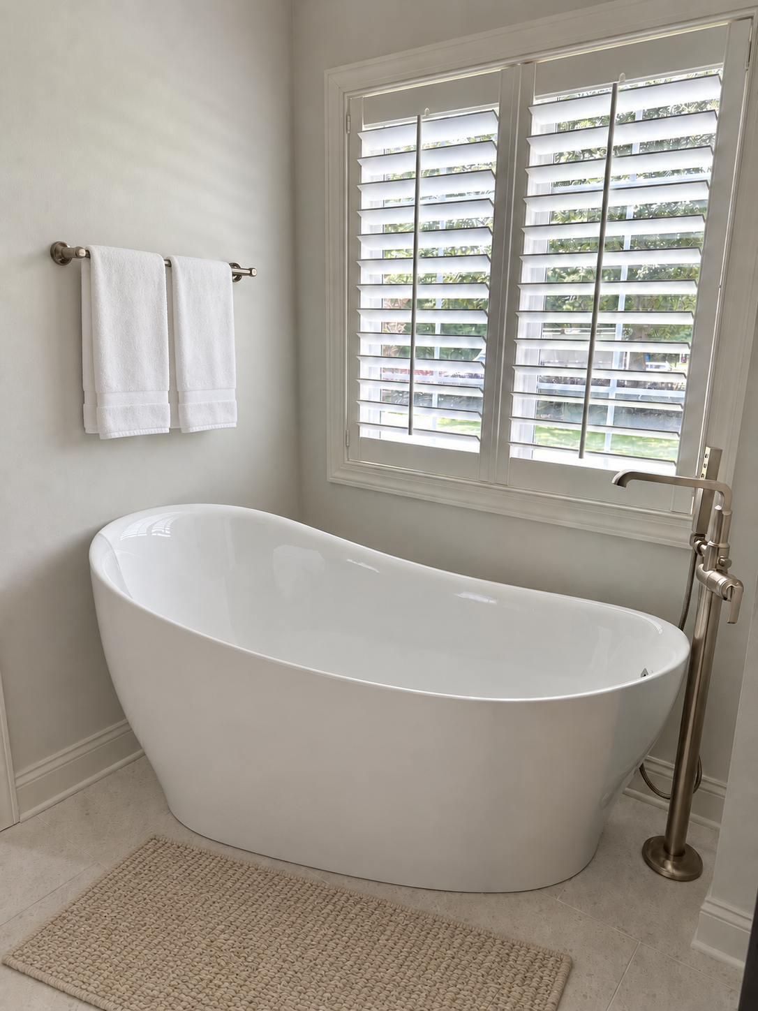Freestanding bath beneath plantation shutters with floor-mounted brushed metal faucet
